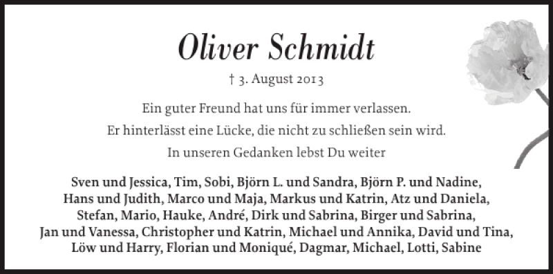  Traueranzeige für Oliver Schmidt vom 08.08.2013 aus Nordfriesland Tageblatt