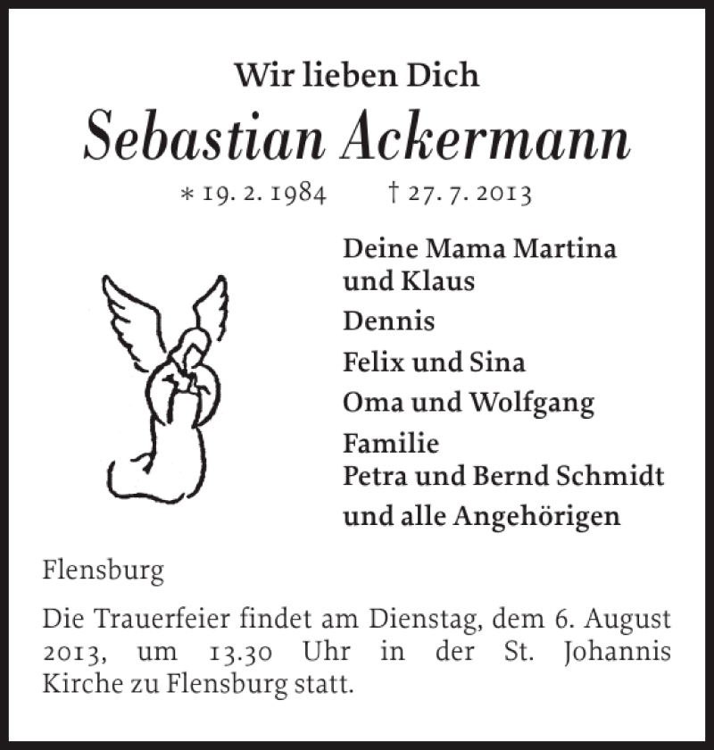  Traueranzeige für Sebastian Ackermann vom 02.08.2013 aus Flensburger Tageblatt