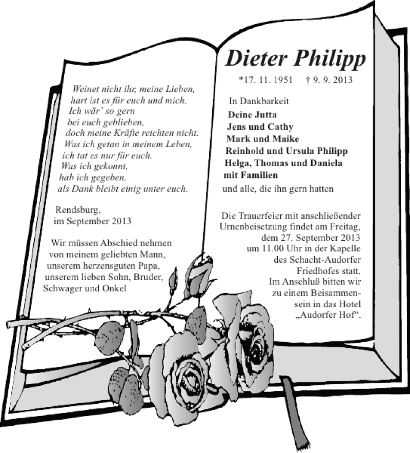  Traueranzeige für Dieter Philipp vom 14.09.2013 aus Landeszeitung