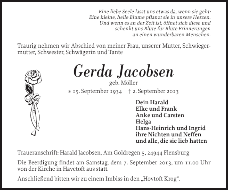  Traueranzeige für Gerda Jacobsen vom 05.09.2013 aus Flensburger Tageblatt