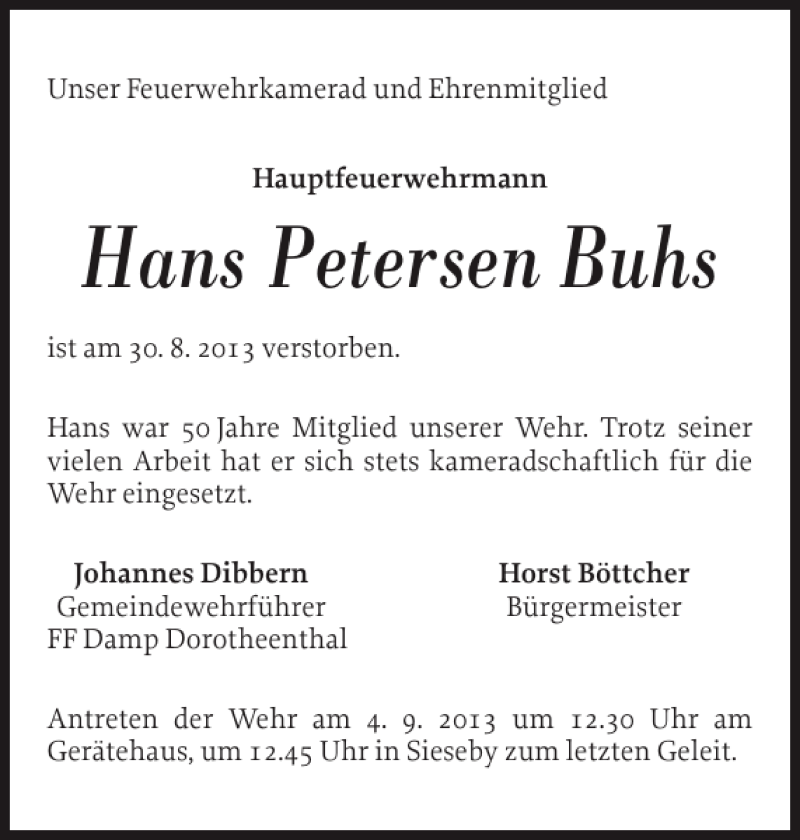  Traueranzeige für Hans Petersen Buhs vom 02.09.2013 aus Eckernförder Zeitung