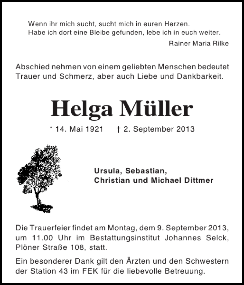  Traueranzeige für Helga Müller vom 06.09.2013 aus Holsteinischer Courier