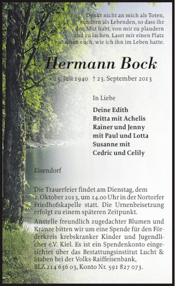  Traueranzeige für Hermann Bock vom 26.09.2013 aus Landeszeitung