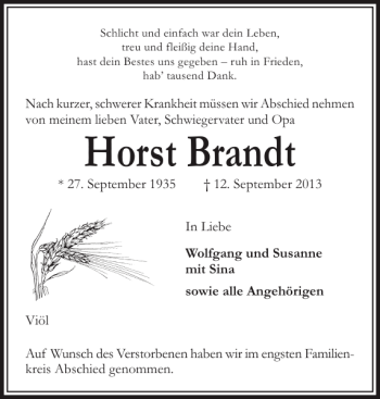 Traueranzeige von Horst Brandt von Husumer Nachrichten