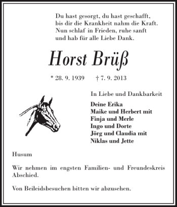 Traueranzeige von Horst Brüß von Husumer Nachrichten