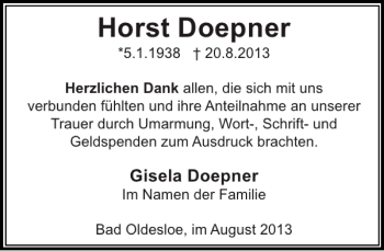 Traueranzeige von Horst Doepner von Stormarner Tageblatt