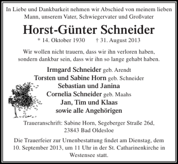 Traueranzeige von Horst-Günter Schneider von Stormarner Tageblatt