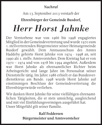 Traueranzeige von Horst Jahnke von Schleswiger Nachrichten