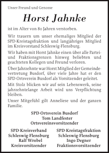 Traueranzeige von Horst Jahnke von Flensburger Tageblatt