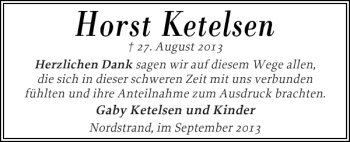 Traueranzeige von Horst Ketelsen von Husumer Nachrichten