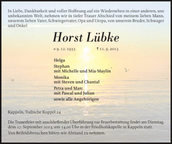 Traueranzeige von Horst Lübke von Flensburger Tageblatt