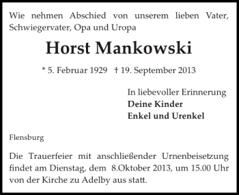 Traueranzeige von Horst Mankowski von Flensburger Tageblatt
