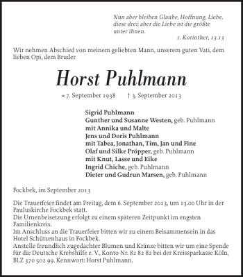 Traueranzeige von Horst Puhlmann von Landeszeitung