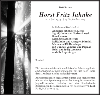 Traueranzeige von Horst Fritz Jahnke von Schleswiger Nachrichten