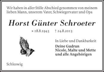 Traueranzeige von Horst Günter Schroeter von Schleswiger Nachrichten
