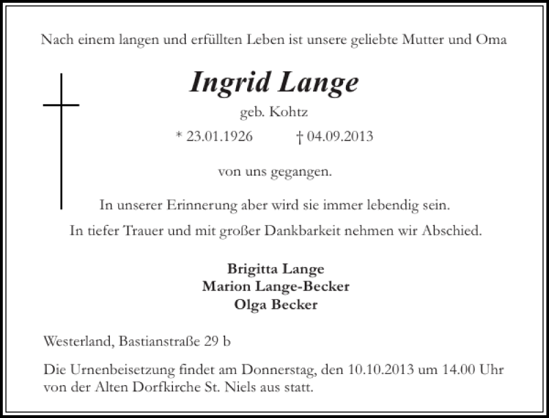  Traueranzeige für Ingrid Lange vom 21.09.2013 aus Sylter Rundschau
