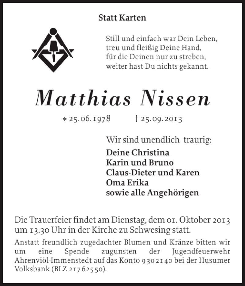  Traueranzeige für Matthias Nissen vom 28.09.2013 aus Husumer Nachrichten