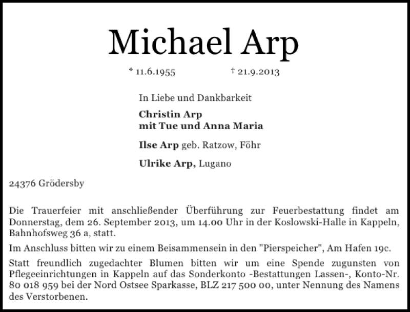  Traueranzeige für Michael Arp vom 24.09.2013 aus Flensburger Tageblatt