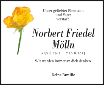 Traueranzeige von Norbert Friedel Mölln von Pinneberger Tageblatt