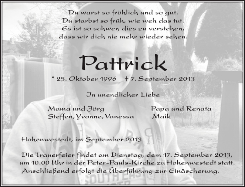  Traueranzeige für Pattrick  vom 14.09.2013 aus Landeszeitung