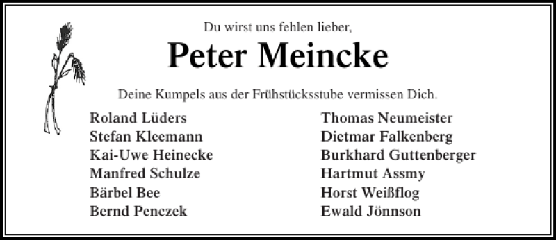  Traueranzeige für Peter Meincke vom 25.09.2013 aus Stormarner Tageblatt
