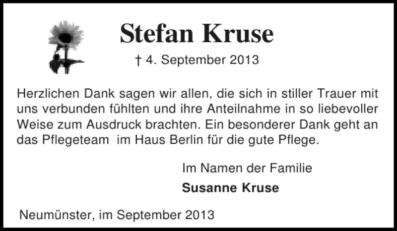  Traueranzeige für Stefan Kruse vom 21.09.2013 aus Holsteinischer Courier