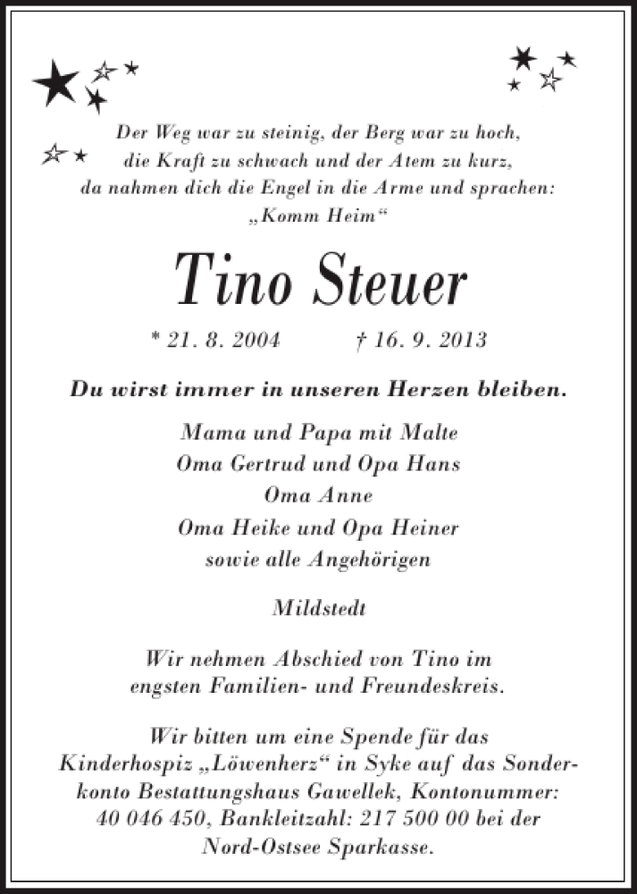  Traueranzeige für Tino Steuer vom 18.09.2013 aus Husumer Nachrichten