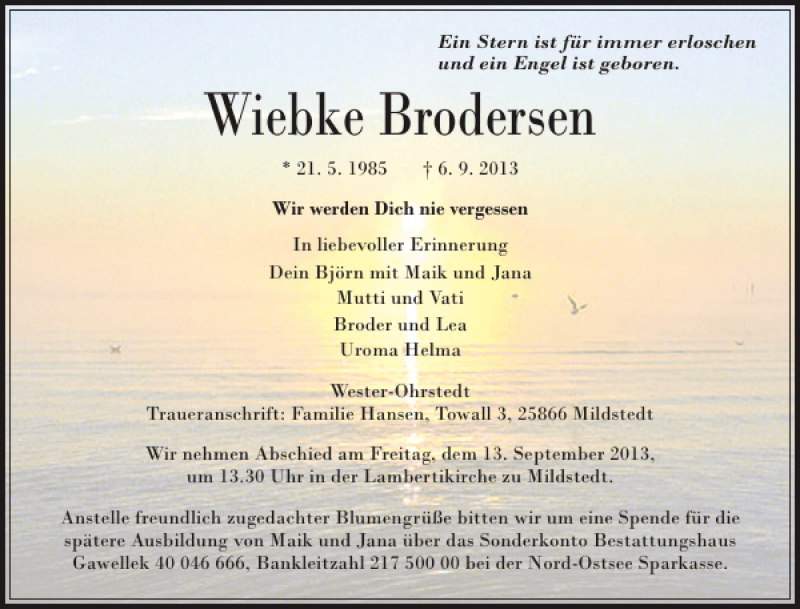  Traueranzeige für Wiebke Brodersen vom 12.09.2013 aus Husumer Nachrichten