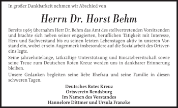Traueranzeige von Dr. Horst Behm von Landeszeitung