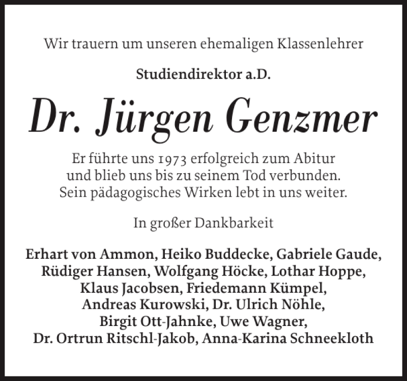  Traueranzeige für Dr. Jürgen Genzmer vom 18.01.2014 aus Flensburger Tageblatt