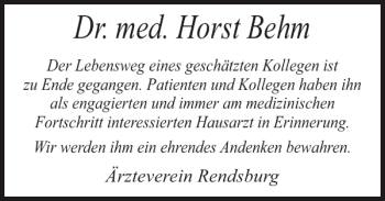 Traueranzeige von Dr. med. Horst Behm von Landeszeitung