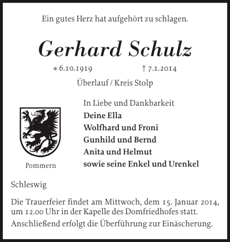  Traueranzeige für Gerhard Schulz vom 10.01.2014 aus Schleswiger Nachrichten