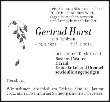 Traueranzeige von Gertrud Horst von Flensburger Tageblatt
