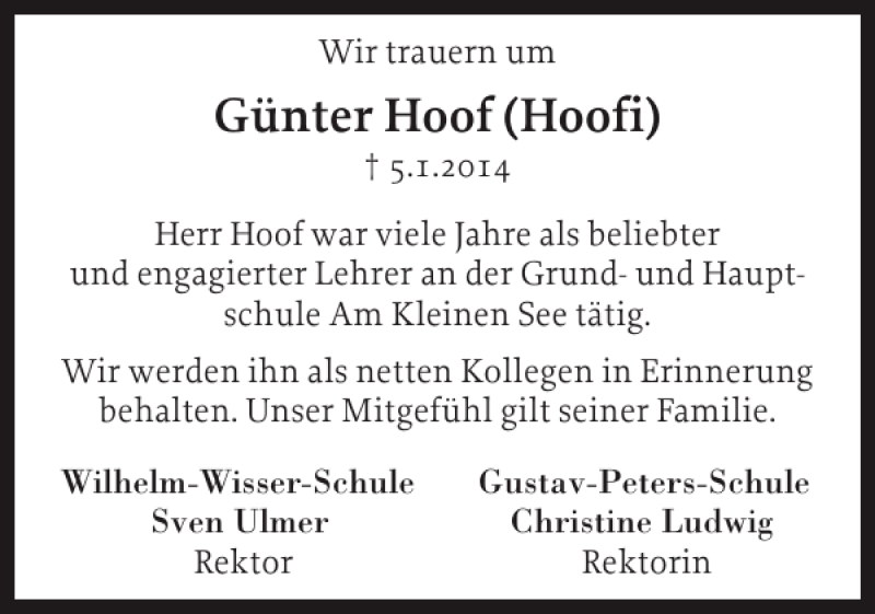  Traueranzeige für Günter Hoof Hoofi vom 15.01.2014 aus Ostholsteiner Anzeiger