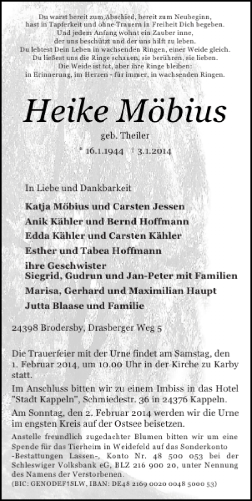  Traueranzeige für Heike Möbius vom 11.01.2014 aus Schlei-Bote