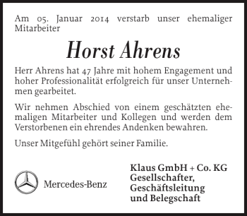 Traueranzeige von Horst Ahrens von Flensburger Tageblatt