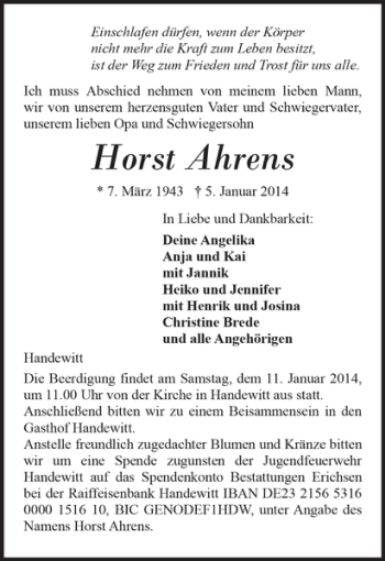 Traueranzeige von Horst Ahrens von Flensburger Tageblatt