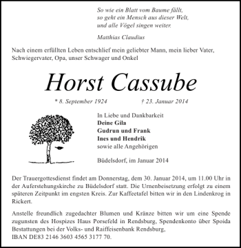 Traueranzeige von Horst Cassube von Landeszeitung