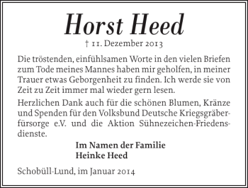 Traueranzeige von Horst Heed von Husumer Nachrichten