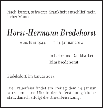 Traueranzeige von Horst-Hermann Bredehorst von Landeszeitung
