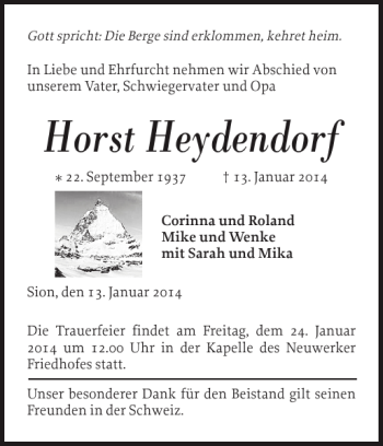 Traueranzeige von Horst Heydendorf von Landeszeitung