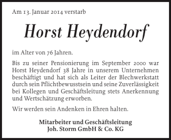 Traueranzeige von Horst Heydendorf von Landeszeitung
