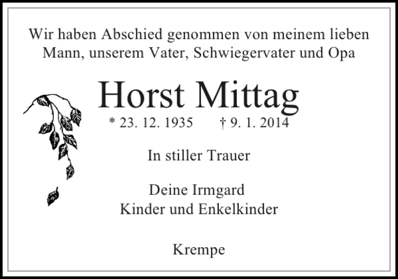  Traueranzeige für Horst Mittag vom 18.01.2014 aus Norddeutsche Rundschau