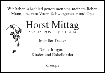 Traueranzeige von Horst Mittag von Norddeutsche Rundschau