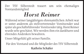 Traueranzeige von Horst Reimer von Schleswiger Nachrichten