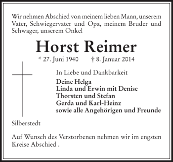 Traueranzeige von Horst Reimer von Schleswiger Nachrichten