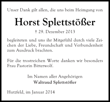 Traueranzeige von Horst Splettstößer von Ostholsteiner Anzeiger