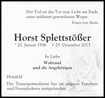 Traueranzeige von Horst Splettstößer von Ostholsteiner Anzeiger