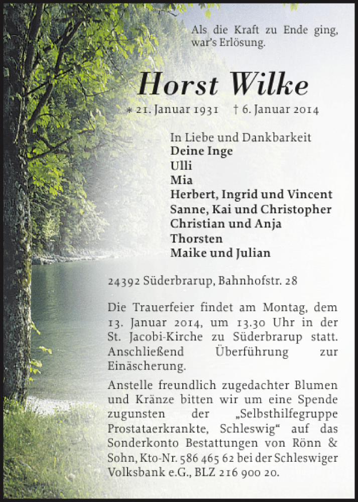  Traueranzeige für Horst Wilke vom 09.01.2014 aus Schleswiger Nachrichten