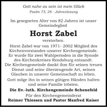 Traueranzeige von Horst Zabel von Norddeutsche Rundschau